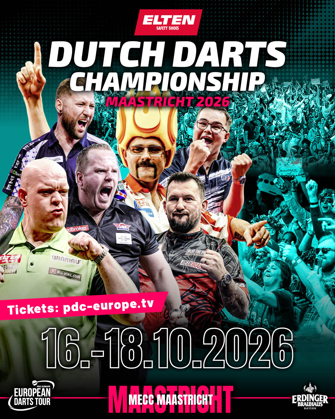 Eventgrafik der Elten Safety Shoes Dutch Darts Championship im MECC Maastricht in Maastricht. Zeigt Michael van Gerwen, Danny Noppert, Dirk van Duijvenbode, Damon Heta, Jonny Clayton und Gian van Veen.