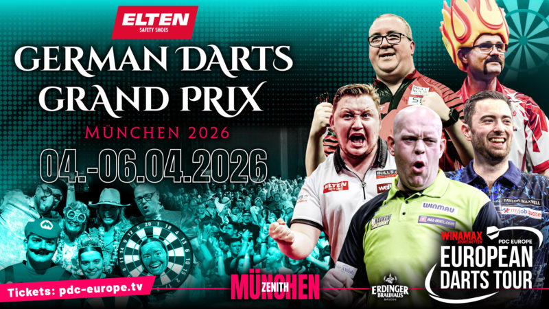 Eventgrafik des German Darts Grand Prix 2026 im Zenith in München. Zeigt Stephen Bunting, Martin Schindler, Michael van Gerwen, Luke Humphries und Damon Heta.