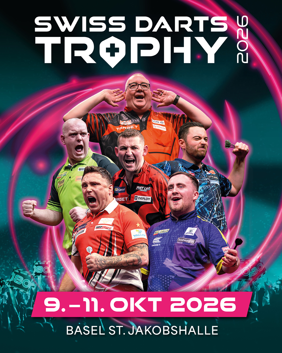 Eventgrafik der Swiss Darts Trophy in der St. Jakobshalle in Basel. Zeigt Stephen Bunting, Michael van Gerwen, Nathan Aspinall, Luke Humphries, Gerwyn Price und Luke Littler.
