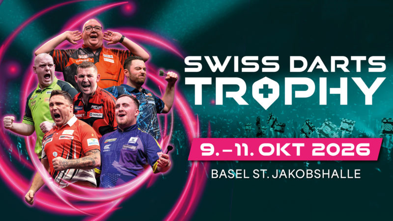 Eventgrafik der Swiss Darts Trophy in der St. Jakobshalle in Basel. Zeigt Stephen Bunting, Michael van Gerwen, Nathan Aspinall, Luke Humphries, Gerwyn Price und Luke Littler.