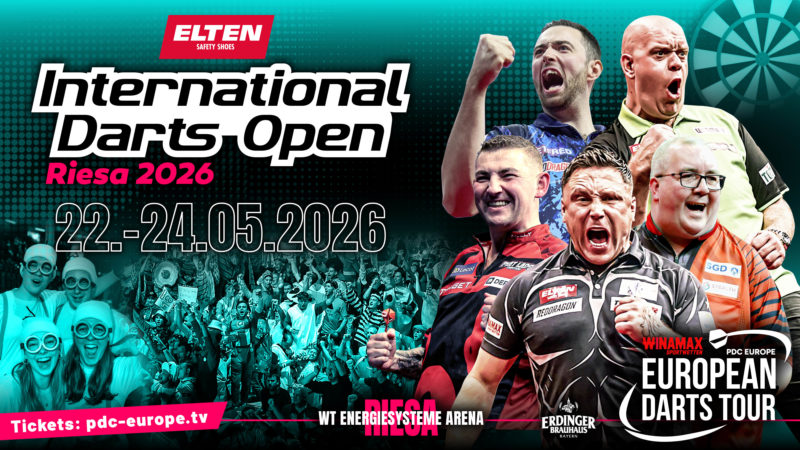 Eventgrafik der International Darts Open in der WT Energiesysteme Arena in Riesa. Zeigt Luke Humphries, Nathan Aspinall, Gerwyn Price, Stephen Bunting und Michael van Gerwen.
