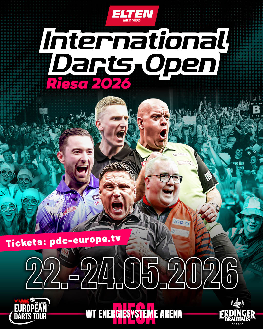 Eventgrafik der International Darts Open 2026 in der WT Energiesysteme Arena in Riesa. Zeigt Luke Humphries, Wessel Nijman, Gerwyn Price, Stephen Bunting und Michael van Gerwen.