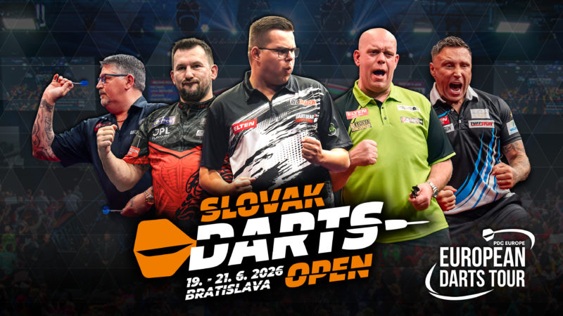 Eventgrafik der Slovak Darts Open 2026 im Incheba Expo in Bratislava. Zeigt Gary Anderson, Jonny Clayton, Gian van Veen, Michael van Gerwen und Gerwyn Price.