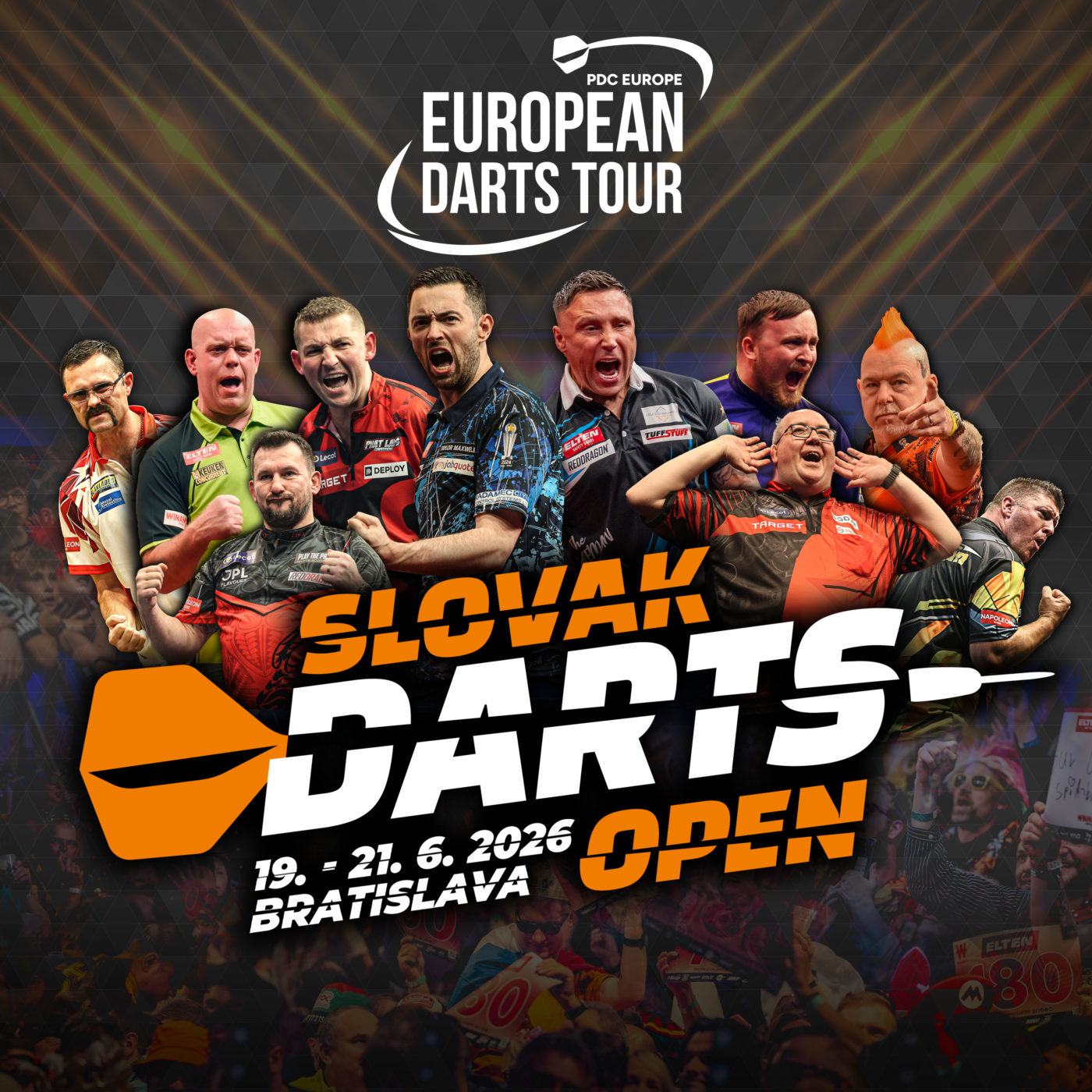 Eventgrafik der Slovak Darts Open 2026 im Incheba Expo in Bratislava. Zeigt Damon Heta, Michael van Gerwen, Jonny Clayton, Nathan Aspinall, Luke Humphries, Gerwyn Price, Luke Littler, Stephen Bunting, Peter Wright und Daryl Gurney.