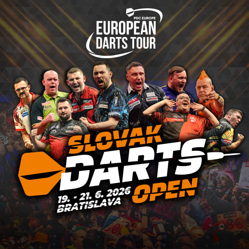 Eventgrafik der Slovak Darts Open 2026 im Incheba Expo in Bratislava. Zeigt Damon Heta, Michael van Gerwen, Jonny Clayton, Nathan Aspinall, Luke Humphries, Gerwyn Price, Luke Littler, Stephen Bunting, Peter Wright und Daryl Gurney.