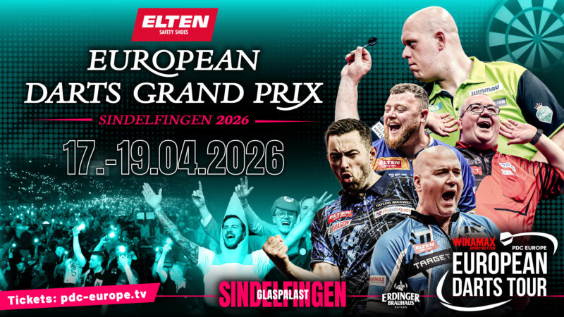 Eventgrafik des European Darts Grand Prix im Glaspalast in Sindelfingen. Zeigt Michael van Gerwen, Luke Humphries, Rob Cross, Josh Rock und Stephen Bunting.