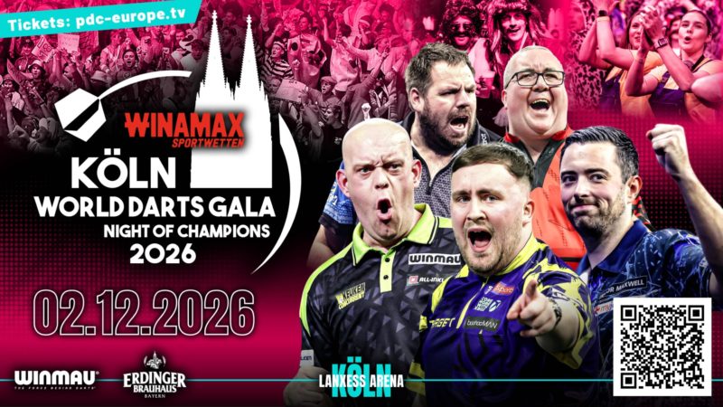 Eventgrafik der Winamax Köln World Darts Gala in der LANXESS arena in Köln. Zeigt Luke Littler, Michael van Gerwen, Luke Humphries, Adrian Lewis und Stephen Bunting.