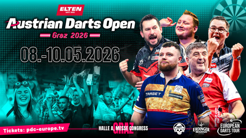 Eventgrafik der Austrian Darts Open 2026 in der Halle A im Messe Congress Graz. Zeigt Jonny Clayton, Martin Schindler, Gian van Veen, Josh Rock und Mensur Suljovic.