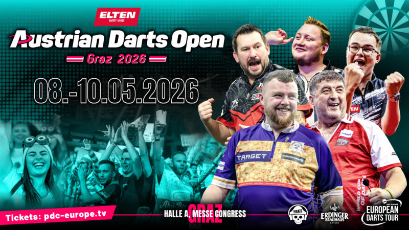Eventgrafik der Austrian Darts Open 2026 in der Halle A im Messe Congress Graz. Zeigt Jonny Clayton, Martin Schindler, Gian van Veen, Josh Rock und Mensur Suljovic.