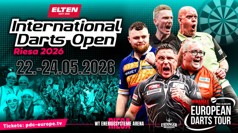 Eventgrafik der International Darts Open 2026 in der WT Energiesysteme Arena in Riesa. Zeigt Wessel Nijman, Josh Rock, Gerwyn Price, Stephen Bunting und Michael van Gerwen.
