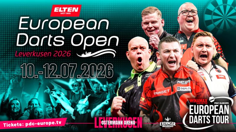 Eventgrafik der European Darts Open 2026 in der Ostermann Arena in Leverkusen. Zeigt Mike De Decker, Michael van Gerwen, Nathan Aspinall, Martin Schindler und Stephen Bunting.