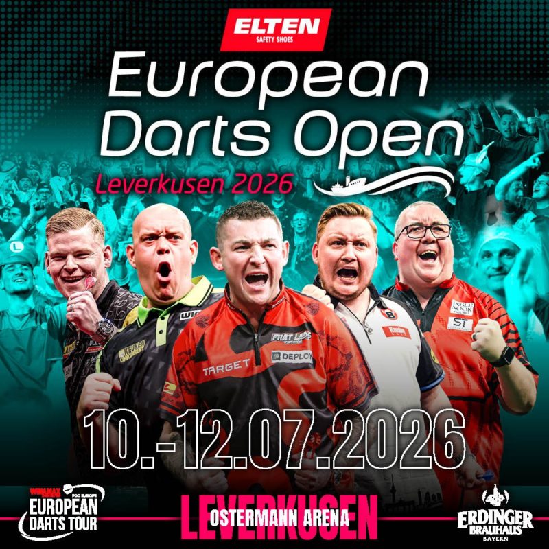 Eventgrafik der European Darts Open 2026 in der Ostermann Arena in Leverkusen. Zeigt Mike De Decker, Michael van Gerwen, Nathan Aspinall, Martin Schindler und Stephen Bunting.