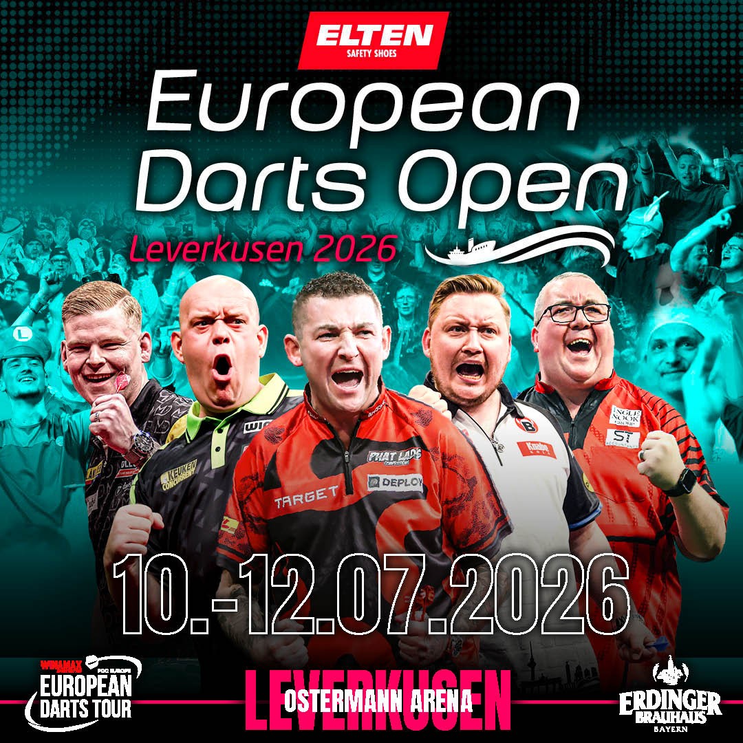 Eventgrafik der European Darts Open 2026 in der Ostermann Arena in Leverkusen. Zeigt Mike De Decker, Michael van Gerwen, Nathan Aspinall, Martin Schindler und Stephen Bunting.