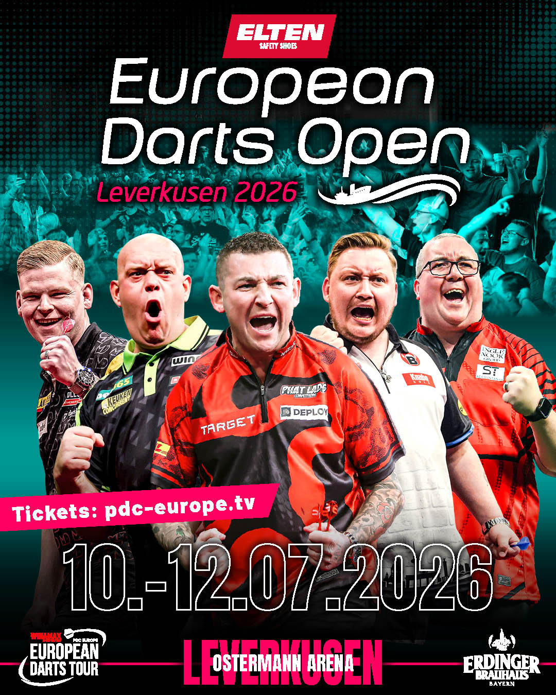 Eventgrafik der European Darts Open 2026 in der Ostermann Arena in Leverkusen. Zeigt Mike De Decker, Michael van Gerwen, Nathan Aspinall, Martin Schindler und Stephen Bunting.
