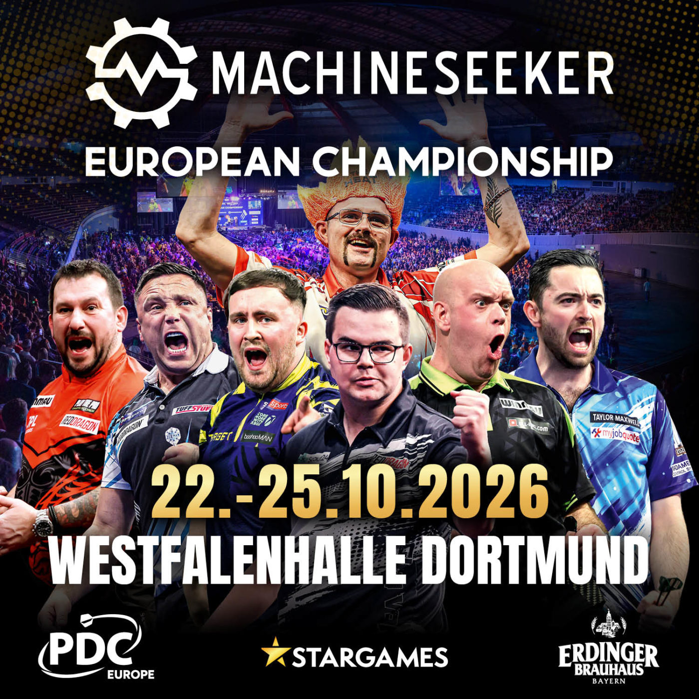 Eventgrafik der Machineseeker European Championship in der Westfalenhalle in Dortmund. Zeigt Damon Heta, Jonny Clayton, Gerwyn Price, Luke Littler, Gian van Veen, Michael van Gerwen und Luke Humphries.