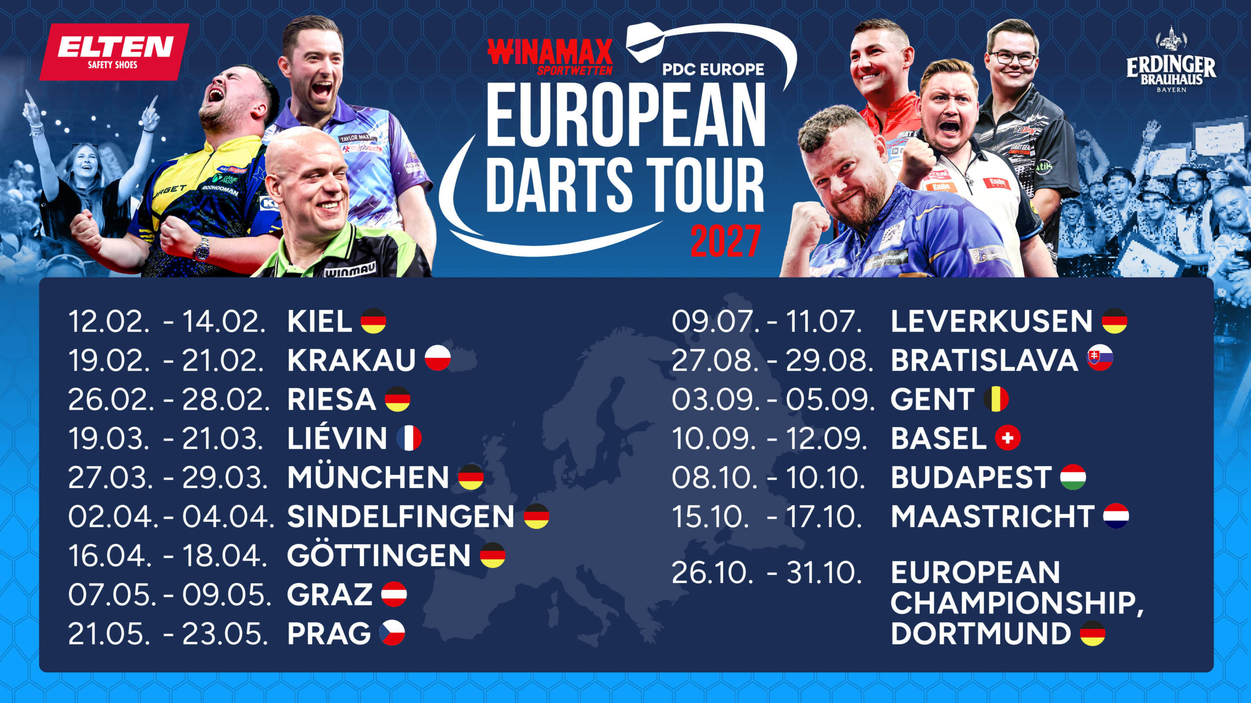 Termine und Orte der PDC European Darts Tour 2027.