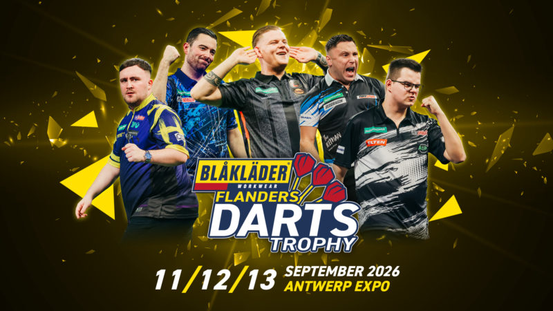 Eventgrafik der Flanders Darts Trophy 2026. Zeigt Luke Littler, Luke Humphries, Mike De Decker, Gerwyn Price und Gian van Veen
